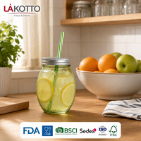 LAKOTTO – Pot en verre Mason de 450 ml de qualité restaurant avec paille, idéal pour la présentation en buffet d'hôtel, verrerie personnalisable, directement de l'usine