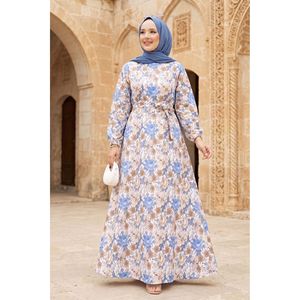 Vestido de Ganchillo con Estampado Floral Índigo, Cinturón, Elegante y Discreto, Ropa Casual para Oficina, para Salidas Nocturnas, Transpirable, con Recortes - Product Image 1