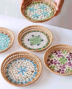 Bandeja de ratán estilo bohemio, ideal para aperitivos, café y decoración - Product Image 3