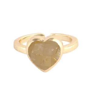 Golden Rutile Heart Ring 8mm Heart Briolette Natural Golden Rutile 18K Gold Vermeil 925 Sterling Silver Bezel Adjustable Rings