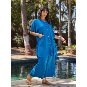 Zephyr Solid Blue Chiffon <b>Maxi</b> Kaftan <b>Dress</b> Plus-Size Puff Sleeve - Product Image 1