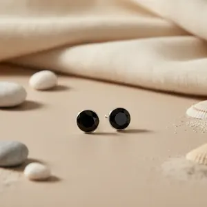 Trendy Vintage <b>Silver</b> Black Onyx <b>Stud</b> <b>Earrings</b> for Women Classic Geometric Hoop Design Diamond Pearl Daily Wear Jewelry Brass - Product Image 1