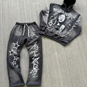 2025 estilo de tendencia personalizado Rhinestone Dtg estampado Logo francés Terry de gran tamaño algodón pesado lavado ácido Sun Faded chándal conjunto - Product Image 2