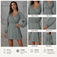 Robe mini décontractée pour femme, col en V, devant croisé, coupe trapèze, manches longues, élégante, coupe ample, fabricant OEM ODM