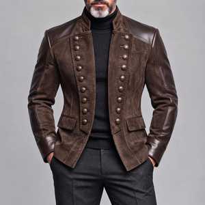 <b>Men's</b> Brown <b>Leather</b> <b>Jacket</b> With Stand Collar And Button Closure - Product Image 1