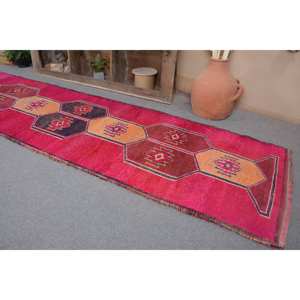 Alfombra turca Vintage Bohemia Rosa naranja 3,1x11,2 pies hecha a mano de lana Patchwork rectángulo diseño de pasillo para cabecera con respaldo de látex - Product Image 2