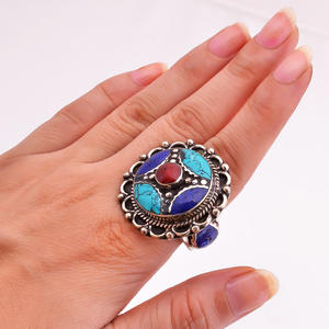 Turquoise naturelle corail lapis pierres précieuses bagues tibétaines bijoux en gros pour femmes et filles bijoux de mode tibétains - Product Image 5