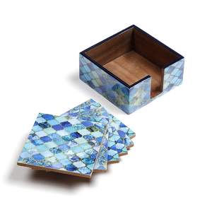 Premium Blue Patterned Wooden <b>Coasters</b> Set with Stylish Storage Box for Elegant Decorative Table Display End - Product Image 1