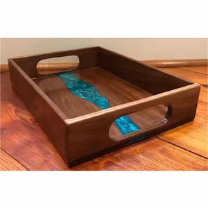Handmade Blue <b>Epoxy</b> Resin River Wood Tray Housewarming Gift Serving Platter |Artistic Walnut Tray for Drinks and Charcuterie - Product Image 1
