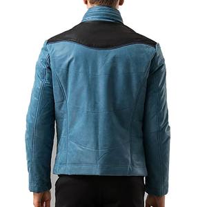 Chaqueta de Cuero Azul y Negra para Hombre, Chaqueta de Motociclista Elegante con Bolsillos con Cremallera y Cuello Alto, Nuevo Diseño - Product Image 2
