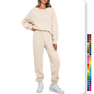 <b>Hot</b> Selling Women's 100% Cotton Gym Wear round Neck Sport Tracksuit with Solid Pattern for Winter Sports Two-Piece Set - Product Image 1