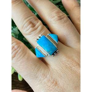 Genevieve Francisco Kingman <b>Ring</b> Fashionable Turquoise Sterling <b>Silver</b> Bezel Setting Rose Gold 18K Plating Size 12 Perfect Gift - Product Image 2