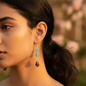 Boucles d'oreilles pendantes en or 18 carats et argent 925, pendentif en quartz fumé bleu, styles de gouttes pour femmes, bijoux plaqués or, pierre principale en perle et diamant - Product Image 2