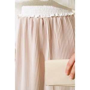 Beige Satin Pleated Pencil Skirt Long Genuine Leather with Breathable <b>Fabric</b> <b>Sequined</b> Embroidery Ruffles Decoration Size XS - Product Image 3