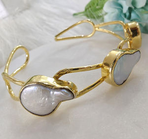 กำไลข้อมือไข่มุกน้ำจืดคุณภาพสูงไม่เสมอกันชุบทอง18K เครื่องประดับทองเหลืองสร้อยข้อมือไข่มุกสำหรับผู้หญิง - Product Image 4