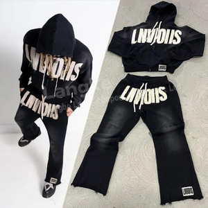 Ensemble de survêtement pour homme en coton 100% de haute qualité, avec logo personnalisé OEM, sweat à capuche zippé et pantalon surdimensionné, lavage à l'acide, respirant - Product Image 1