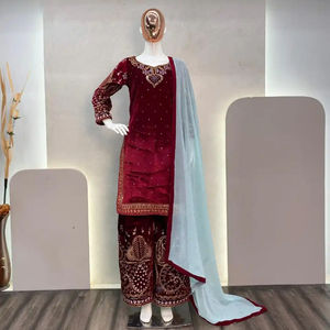 PARA ESTA TEMPORADA DE INVIERNO LLEVAR TRAJE DE TRABAJO BORDADO DE SECUENCIA DE CORDÓN DE TERCIOPELO CON DUPATTA FIESTA VESTIDO TRAJE CON PANTALÓN DUPATTA - Product Image 1