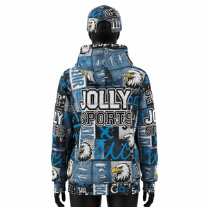 เสื้อฮู้ดดี้ผ้าโพลีเอสเตอร์ผสมคอตตอน พิมพ์ลายกราฟิกสีน้ำเงิน ดำ ขาว ทั่วตัว  ออกแบบโลโก้ตามสั่งด้วยเทคนิคซับลิเมชั่น เสื้อฮู้ดดี้พื้นฐานสำหรับผู้หญิง - Product Image 2