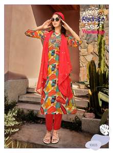 Lo último en ropa india y pakistaní con estampado digital de trabajo bordado de tela pesada Chinon-Conjuntos de pantalones Kurti Dupatta Santoon - Product Image 2
