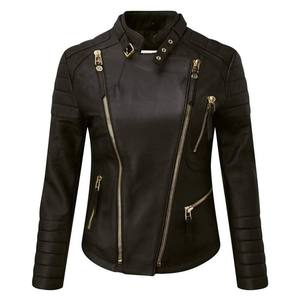 Women's <b>Cheap</b> Price Leather Moto <b>Jacket</b> Stand Collar Full Sleeve Zipper Closure Autumn Wear Solid Color Regular Fit - Product Image 1