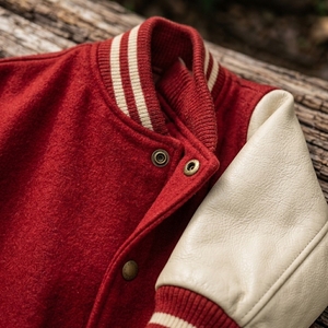 Custom <b>Red</b> Cream Leather Sleeve Jacket Vintage Bomber Letterman Streetwear Jacket OEM ODM Private Label Manufacturer USA - Product Image 3