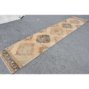 Tapis en laine turque beige vintage 27x124ft motif patchwork tissage plat pour décorations de salon ou de couloir - Product Image 3