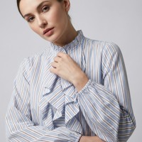 Chemisier décontracté en mousseline rayée respirante avec volants, manches ballon et taille élastique en polyester pour femme, taille unique, printemps/été