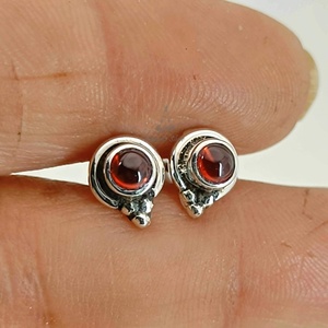 Garnet Stud Earrings 925 Sterling Silver Dainty <b>Round</b> <b>Post</b> Handmade Jewelry - Product Image 1