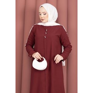 Ensemble tunique et pantalon bordeaux à détails boutonnés, col asymétrique, décoration plumes, pour le quotidien et les tenues de bureau - Product Image 2