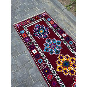 Vintage Turkish Rug, 2.8x10.9 ft <b>Runner</b> Rug, <b>Red</b> Blue Floral Wool Rug - Product Image 5