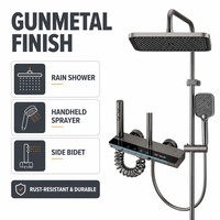 Ensemble de douche thermostatique numérique en cuivre brossé, pomme de douche carrée effet pluie, douchette à main, panneau de commande 4 voies