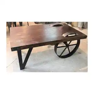 Home living room round rustic solid wooden carved top side coffee table with metal legs Restaurants cafe Furniture for sale