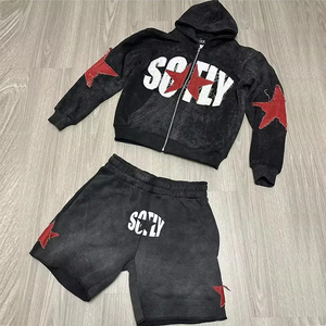 Best Selling Custom Logo Two-Piece Casual <b>Shorts</b> Set Distressing Embroidery Patch Zip Hoodie Top Winter Collection-Breathable - Product Image 1