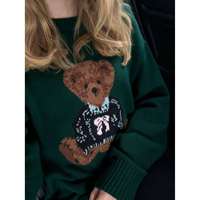 Pull en tricot à col rond à manches longues pour femme avec motif d'ours blanc, logo sur le devant, décontracté pour l'hiver