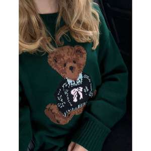 เสื้อสเวตเตอร์ถักแขนยาวคอกลมลายหมีสีขาวสำหรับผู้หญิง - Product Image 2