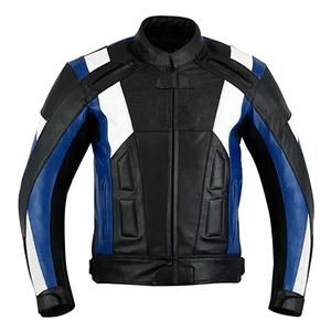Custom Men's Genuine Cowhide Leather Motorbike Racing Jacket Black Blue White with CE Armors Winter Motorcycle Jacket for Riders - Product Image 3
