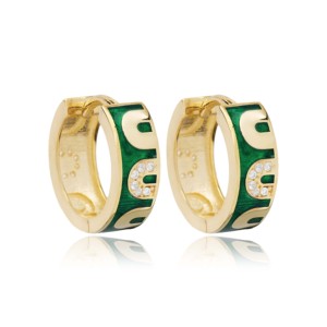Pendientes de Aro con Diseño de Esmalte Verde y Circonita, Plata de Ley 925, Chapados en Oro, Joyería Artesanal Moderna para Mujer - Product Image 1