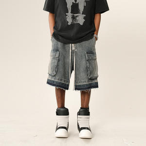 Pantalones cortos de mezclilla desgastados lavados con degradado retro High Street Multi Pocket Loose Wide Leg Five Quarter Pants - Product Image 1