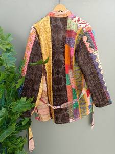 Women's Long Winter Coat Cut Work Multi-Patchwork Quilted Kantha <b>Kimono</b> Cotton-Filled Jacket for Work <b>Belt</b> Finished Product - Product Image 4