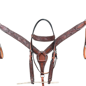 Juego de arnés de cuero occidental para caballo con diadema trenzada de cuero oscuro y pechera de una oreja, equipo de equitación personalizado para espectáculos, tallas completo/cob/ - Product Image 1