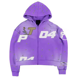 Best Quality <b>Men's</b> <b>Zip</b>-<b>Up</b> Hoodie Sun Faded 100% Cotton Distressed Embroidered Patch Rhinestone <b>Top</b> Trend Solid Print Design - Product Image 1