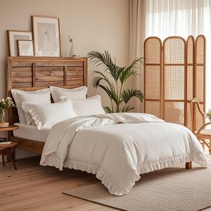 Parure de lit double 4 pièces en polycoton blanc de luxe avec housse de couette et drap-housse à volants - Product Image 3