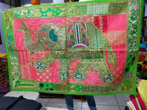 <strong>Vintage</strong> Handmade <strong>Elephant</strong> <strong>Print</strong> Tapestry Wall Hanging Embroidered Patchwork Work in Aubusson Home Decor By Indian Consigners - Product Image 5