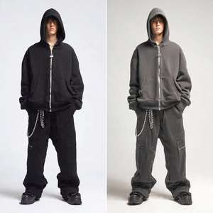 Conjunto Deportivo Informal de Invierno para Hombre, Sudadera con Capucha y Cremallera, Pantalones Holgados de Corte Recto, Estilo Informal, de Felpa Gruesa - Product Image 1