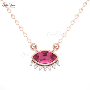 Collar de oro macizo de 14K para mujer, CT 0,35, turmalina rosa, corte de 1,20mm, Juego de puntas de diamante Natural para compromiso, fiesta de boda - Product Image 5