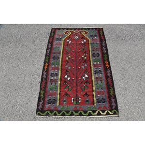 Ethnic Patchwork Wool <b>Rug</b> Red Gray Geometric Design 3.1 X 4.7 ft Rectangle Latex Backing for Living Room <b>Bedroom</b> Decoration - Product Image 1