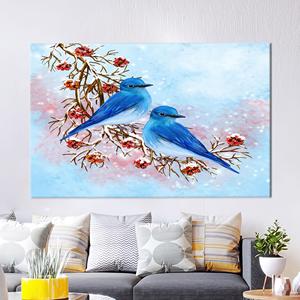 ภาพพิมพ์บนผ้าใบลายนกสองตัวสีน้ำเงิน - งานศิลปะสัตว์สมัยใหม่,1P:ห่อหุ้มอย่างดี - Product Image 1