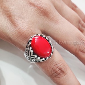 Anillo de Plata de Ley 925 para Hombre con Coral Rojo Natural, Todas las Tallas, Regalo de Boda o Aniversario, Estilo Otomano, Venta al Por Mayor - Product Image 5
