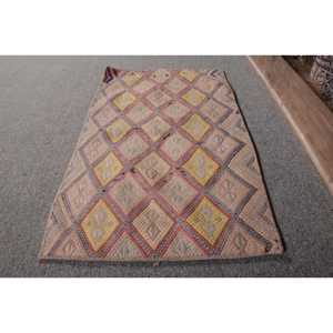 Alfombra turca vintage de 1,3x2,3 pies, clásica, étnica, rosa, amarilla, diseño de retazos, área grande, Alfombra de lana, látex para habitación de pasillo - Product Image 2