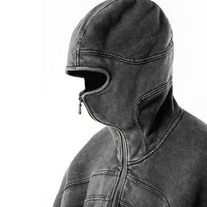 เสื้อมีฮู้ดแฟชั่นสำหรับผู้ชายผ้าคอตตอนผสมทำจากผ้าฝ้ายผ้าเทอร์รี่ฝรั่งเศสแบบขาด - Product Image 5